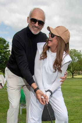 ABB PROMIGOLF Simone Thomalla friend Rene Merten teeing off, guest at the first charity celebrity AM golf tournament for the benefit of Kinderwohl Berlin and Geka e V at the Golf and Country Club am Motzener See in Mittenwalde Brandenburg on 09 05 2026 Brandenburg Germany