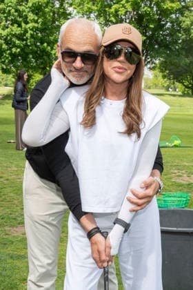 ABB PROMIGOLF Simone Thomalla friend Rene Merten teeing off, guest at the first charity celebrity AM golf tournament for the benefit of Kinderwohl Berlin and Geka e V at the Golf and Country Club am Motzener See in Mittenwalde Brandenburg on 09 05 2026 Brandenburg Germany
