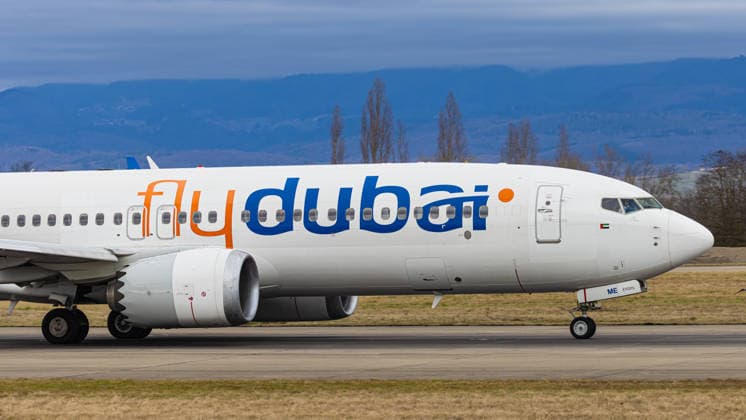 Flydubai Saint Louis, France, 22nd Feb 2026 A Boeing 737 8 MAX operated by Lauda Europe takes off from the runway at EuroAirport Basel Mulhouse Freiburg Registration A6 FME Andreas Haas dieBildmanufaktur Copyright: xAndreasxHaasx