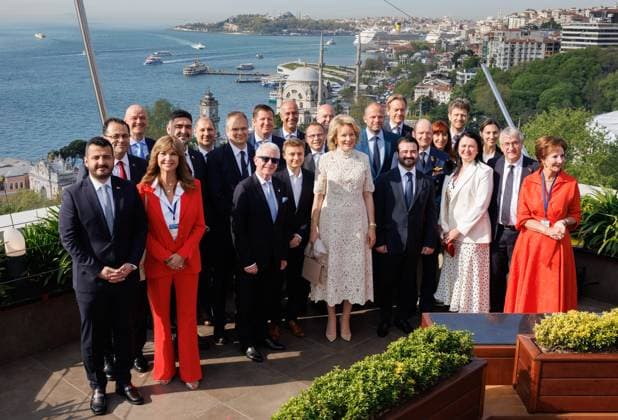 Turkish Ambassador to Belgium Boris Tantekin, FEB-VBO former President Rene Branders, Queen Mathilde of Belgium, Minister of Defence and Foreign Trade Theo Francken, Belgian Ambassador to Turkey Hendrik Van De Velde, CHOD (Chief of Defence) Fraderik Vansina, CEO AWEX CEO Pascale Delcomminette, Hub Brussels CEO Isabelle Grippa and Walloon vice-minister president Pierre-Yves Jeholet pictured after the Succes Stories Breakfast on day two of a Belgian economic mission to Turkey, in Istanbul on Monday 11 May 2026. The Queen of the Belgians is visiting Turkey from 10 to 14 May.  BENOITxDOPPAGNE 173474472