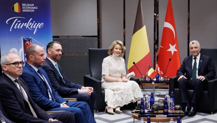 Flemish Minister-President Matthias Diependaele, Minister of Defence and Foreign Trade Theo Francken, Vice-prime minister and Minister of Foreign Affairs Maxime Prevot, Queen Mathilde of Belgium and Turkish Minister of Trade Omer Bolat pictured during day two of a Belgian economic mission to Turkey, in Istanbul on Monday 11 May 2026. The Queen of the Belgians is visiting Turkey from 10 to 14 May.  BENOITxDOPPAGNE 173475097