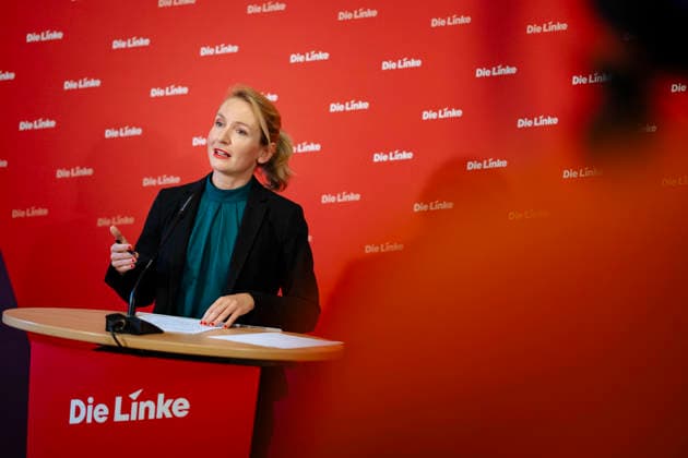 Ines Schwerdtner, Vorsitzende der Partei Die Linke, aufgenommen im Rahmen einer Pressekonferenz in Berlin, 11.05.2026. Berlin Deutschland *** Ines Schwerdtner, Chairwoman of the Left Party, at a press conference in Berlin, 11 05 2026 Berlin Germany Copyright: xYonaxElsnerx