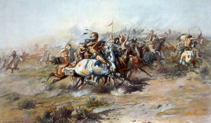 RECORD DATE NOT STATED The Battle of Little Bighorn by Charles Marion Russell. The Custer Fight by Charles Marion Russell - The Battle of Little Bighorn by C. M. Russell (1864-1926), c.1905. Editorial use only. All other uses to be cleared with the copyright owner (World History Archive), in advance., WHA_062_0657.jpg, Custer Fight; Battle of Little Bighorn; Charles Marion Russell; C. M. Russell; 1864-1926; American West; Native Americans; Plains Indians; Western art; historical painting; cavalry; soldiers; warriors; conflict; battle scene; horseback; rifles; war; massacre; victory; defeat; chaos; violence; dramatic; intense; dramatic; action; 1905; artist; Wild West. Copyright: xWorldxHistoryxArchivex