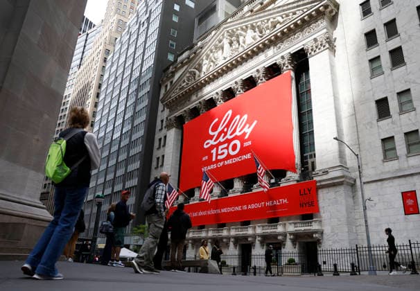 The logo for Eli Lilly And Co hangs at the entrance to the New York Stock Exchange after the opening bell on Wall Street on Monday, May 11, 2026 in New York City. Oil prices rose after President Donald Trump rejected Iran s latest proposal to end the war.  NYP20260511106 JOHNxANGELILLO