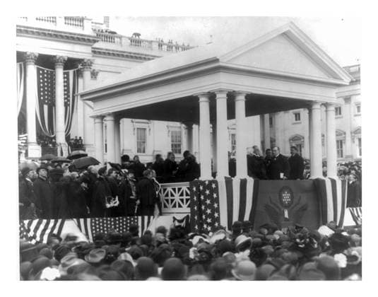 RECORD DATE NOT STATED Photograph of President William McKinley taking the Presidential Oath of Office outside the White House Photograph of President William McKinley (1843-1901) taking the Presidential Oath of Office outside the White House. Photographed by Frances Benjamin Johnston (1864-1952 Dated 1897 Editorial use only. All other uses to be cleared with the copyright owner (World History Archive), in advance., WHA_063_0048.jpg, President William McKinley; Presidential Oath of Office; White House; Frances Benjamin Johnston; 1897; historical photograph; United States President; inauguration ceremony; American history; 19th century; formal event; political leader; official duties; government building; outdoor setting; traditional ceremon Copyright: xWorldxHistoryxArchivex