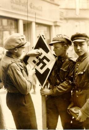 RECORD DATE NOT STATED Three boys in the Hitler Youth. Three boys in the Hitler Youth, 1938. The Hitler Youth was the youth organisation of the Nazi Party in Germany. Its origins dated back to 1922. From 1933 until 1945, it was the sole official youth organization in Germany and was partially a paramilitary organisation. Editorial use only. All other uses to be cleared with the copyright owner (World History Archive), in advance., WHA_063_0265.jpg, Hitler Youth; Nazi Party; Germany; 1938; Boys; Youth organization; Paramilitary; Nazi Germany; Adolf Hitler; Propaganda; Indoctrination; Nationalism; World War II; Uniforms; Swastika; Fascism; Brainwashing; Ideology; Totalitarianism; History; Political; Military; Young; Adolescents; 1930s; Europe Copyright: xWorldxHistoryxArchivex