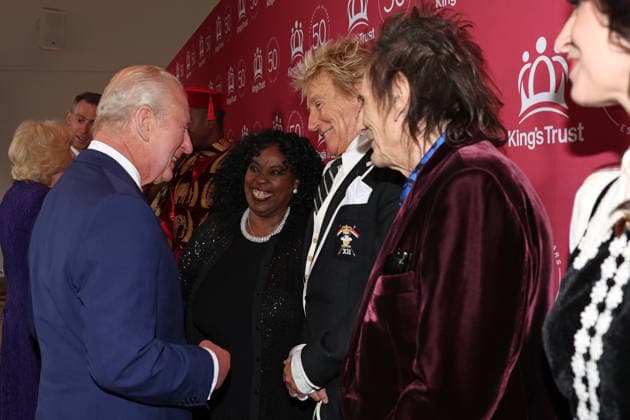 King Charles and Queen Camilla attend A King s Trust Celebration King Charles meets Rod Stewart, Ronnie Wood and Sally Wood as he attends A King s Trust Celebration to mark the 50th anniversary of the charity. The King s Trust, formerly known as The Prince s Trust, helps those from disadvantaged communities, at the Royal Albert Hall, London, UK, on the 11th May 2026. Picture by Adrian Dennis WPA-Pool London Royal Albert Hall London United Kingdom  WHA-0817