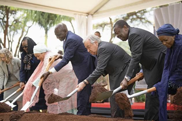 Groundbreaking ceremony for U.N. hall in Nairobi U.N. Secretary General Antonio Guterres (3rd from R) and Kenyan President William Ruto (4th from R) attend a groundbreaking ceremony for a new 1,600-seat conference hall at the U.N. office in Nairobi on May 11, 2026.  A14AA0005543301P