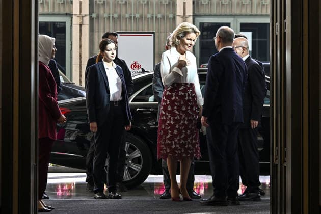 Queen Mathilde visits Central Bank’s Istanbul Financial Center campus ISTANBUL, TURKIYE - MAY 12: Queen Mathilde (3rd R), and delegation visit the Istanbul Financial Center campus of the Central Bank as part of the Belgian Economic Mission in Istanbul, Turkiye on May 12, 2026. Turkish Treasury and Finance Minister Mehmet Simsek, Turkish Family and Social Services Minister Mahinur Ozdemir Goktas, and Turkish Central Bank Governor Fatih Karahan accompanied the Queen during the third day of the Istanbul program. Muhammed Enes Yildirim Anadolu Istanbul Turkey. Editorial use only. Please get in touch for any other usage.  Copyright: x2026xAnadoluxMuhammedxEnesxYildirimx