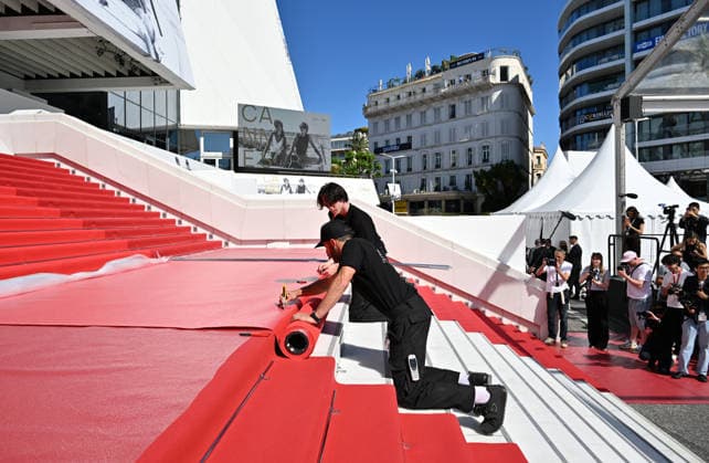 79th Cannes Film Festival: Red carpet installation CANNES, FRANCE - MAY 12: Staff of Palais install red carpet ahead of the opening ceremony of the 79th annual Cannes Film Festival in Cannes, France on May 12, 2026. Mustafa Yalcin Anadolu Cannes France. Editorial use only. Please get in touch for any other usage.  Copyright: x2026xAnadoluxMustafaxYalcinx