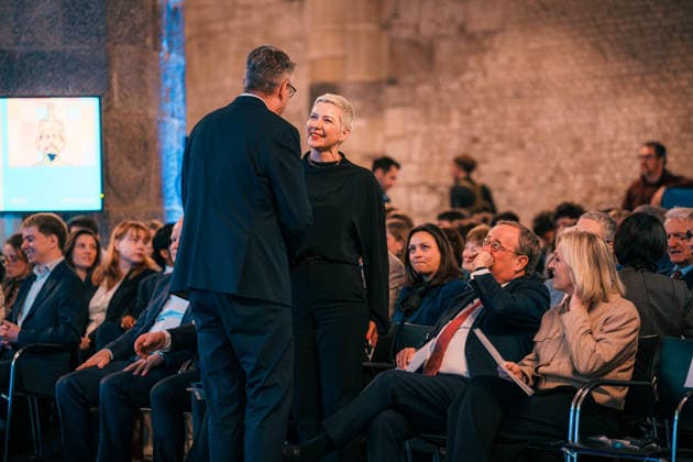 Germany, Aachen Presentation of the Charlemagne Youth Prize in the Coronation Hall in the Town Hall, supporting program Charlemagne Prize 2026 Award to Mario Draghi, Maria Kalesnikava, Charlemagne Prize winner 2022 welcomes City Councillor Tim Grüttemeier CDU Copyright: xThiemoxRudolphx