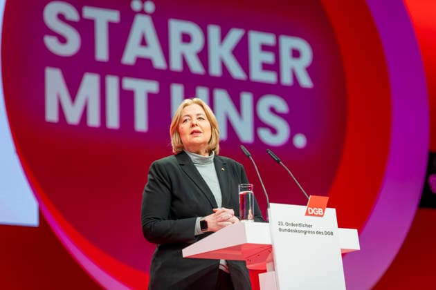 Bärbel Bas beim DGB EUR, Deutschland, Berlin, 12.05.2026: Bärbel Bas (SPD), Bundesministerin für Arbeit und Soziales besucht den 23. DGB Bundeskongress und hält eine Rede. *** Bärbel Bas at the DGB EUR, Germany, Berlin, 12 05 2026 Bärbel Bas SPD , Federal Minister of Labor and Social Affairs visits the 23 DGB Federal Congress and gives a speech