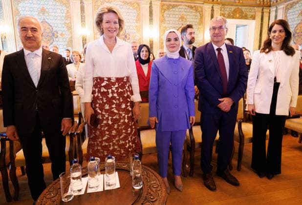 Queen Mathilde of Belgium, Turkish Minister of Family and Social Services Mahinur Ozdemir and Walloon vice-minister president Pierre-Yves Jeholet pictured during a visit to Istanbul University, on day three of a Belgian economic mission to Turkey, in Istanbul on Tuesday 12 May 2026. The Queen of the Belgians is visiting Turkey from 10 to 14 May.  BENOITxDOPPAGNE 173588951