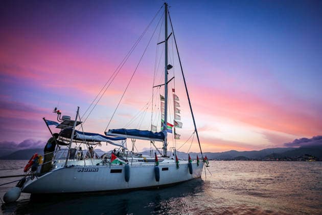 May 11, 2026, Marmaris, Marmaris, ToÂ¼rkiye: A sailboat carrying Palestinian flags is seen off the coast of Marmaris, ToÂ¼rkiye, during sunset amid preparations for the Global Sumud Flotilla solidarity mission for Gaza. Marmaris Türkiye - ZUMAa268 20260511_zip_a268_018 Copyright: xAbdelrahmanxAlkahloutx