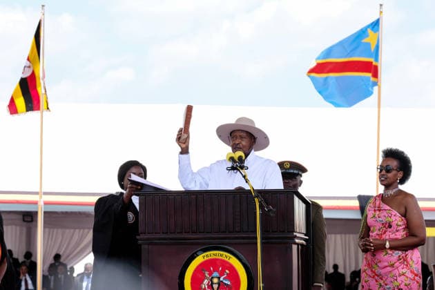 (260512) -- KAMPALA, May 12, 2026 -- President Yoweri Museveni is sworn in at the presidential swearing-in ceremony in Kampala, Uganda, on May 12, 2026. Ugandan President-elect Yoweri Museveni was sworn in on Tuesday for another five-year term at a ceremony in the capital, Kampala. (Photo by Xinhua) UGANDA-KAMPALA-MUSEVENI-SWEARING-IN-CEREMONY HajarahxNalwadda 