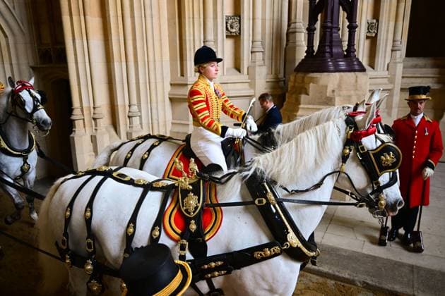 King Charles and Queen Camilla at State Opening of Parliament at the Houses of Parliament, London, UK, 13 May 2026 The Irish State Coach awaits departure of the Royals State Opening of Parliament, The Victoria Tower, Sovereigns Entrance, Palace of Westminster, London, UK - 13 May 2026, Credit:Victoria Jones Shutterstock PA ROTA - B68 Avalon London, United Kingdom Copyright: xVictoriaxJones Shutterstockx xPAxROTAx-xB68x xAvalonx 1098542386