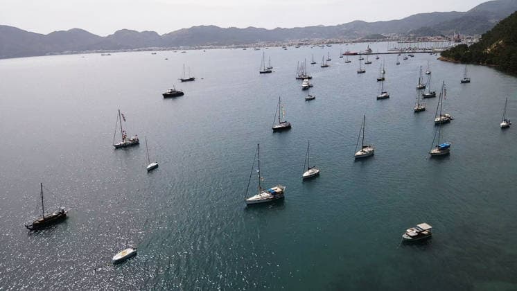 Global Sumud Flotilla plans to set sail from Marmaris to Gaza with 54 boats MUGLA, TURKIYE - MAY 13: A view of the boats set to participate in the Global Sumud Flotilla, formed to break the Israeli blockade, as they anchored in Marmaris Bay in Mugla, Turkiye on May 13, 2026. 54 boats are planned to set sail for Gaza tomorrow, into the Mediterranean from Marmaris. Durmus Genc Anadolu Mugla Turkey. Editorial use only. Please get in touch for any other usage.  Copyright: x2026xAnadoluxDurmusxGencx