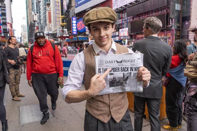 May 13, 2026, Bronx, New York, USA: New York, NY, USA, May 13, 2026: Atmosphere outside of movie theater as actors dressed as paperboys offer fake newspaper ahead of world premiere of Amazon Prime Video s Spider Noir at Regal Times Square. Bronx USA - ZUMAr339 20260513_znp_r339_003 Copyright: xLevxRadinx