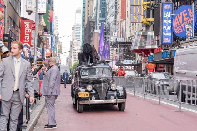 May 13, 2026, Bronx, New York, USA: New York, NY, USA, May 13, 2026: A stunt performer dressed as Nicolas Cage s Spider Noir character arrives on top of old black taxi for world premiere of Amazon Prime Video s Spider Noir at Regal Times Square. Bronx USA - ZUMAr339 20260513_znp_r339_012 Copyright: xLevxRadinx