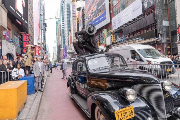 May 13, 2026, Bronx, New York, USA: New York, NY, USA, May 13, 2026: A stunt performer dressed as Nicolas Cage s Spider Noir character arrives on top of old black taxi for world premiere of Amazon Prime Video s Spider Noir at Regal Times Square. Bronx USA - ZUMAr339 20260513_znp_r339_013 Copyright: xLevxRadinx