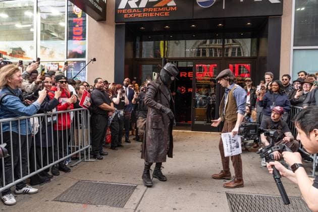 May 13, 2026, Bronx, New York, USA: New York, NY, USA, May 13, 2026: A stunt performer dressed as Nicolas Cage s Spider Noir character arrives for world premiere of Amazon Prime Video s Spider Noir at Regal Times Square. Bronx USA - ZUMAr339 20260513_znp_r339_020 Copyright: xLevxRadinx