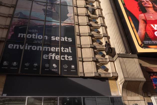 May 13, 2026, Bronx, New York, USA: New York, NY, USA, May 13, 2026: A stunt performer dressed as Nicolas Cage s Spider Noir character climbs movie theater wall ahead of world premiere of Amazon Prime Video s Spider Noir at Regal Times Square. Bronx USA - ZUMAr339 20260513_znp_r339_026 Copyright: xLevxRadinx