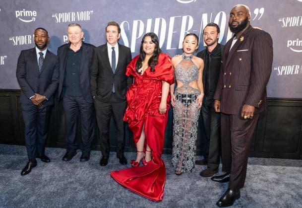 May 13, 2026, Bronx, New York, USA: New York, NY, USA, May 13, 2026: Lamorne Morris, Brendan Gleeson, Nicolas Cage, Karen Rodriguez, Li Jun Li, Jack Huston and Abraham Popoola attend world premiere of Amazon Prime Video s Spider Noir at Regal Times Square. Bronx USA - ZUMAr339 20260513_znp_r339_088 Copyright: xLevxRadinx