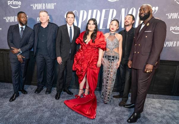 May 13, 2026, Bronx, New York, USA: New York, NY, USA, May 13, 2026: Lamorne Morris, Brendan Gleeson, Nicolas Cage, Karen Rodriguez, Li Jun Li, Jack Huston and Abraham Popoola attend world premiere of Amazon Prime Video s Spider Noir at Regal Times Square. Bronx USA - ZUMAr339 20260513_znp_r339_089 Copyright: xLevxRadinx