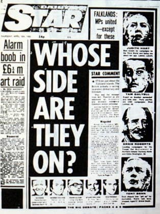 RECORD DATE NOT STATED Front page of the Daily Star reporting on Falklands War Front page of the Daily Star reporting on Falklands War. Dated 20th Century Editorial use only. All other uses to be cleared with the copyright owner (World History Archive), in advance., WHA_094_0221.jpg, Front page; Daily Star; Falklands War; 20th Century; newspaper; headline; reporting; conflict; military; Argentina; United Kingdom; British; invasion; South Atlantic; news; journalism; history; international relations; battle; politics; sovereignty; islands; war; British Navy; soldiers; combat; victory; defeat; conflict resolution; diplomacy. Copyright: xWorldxHistoryxArchivex
