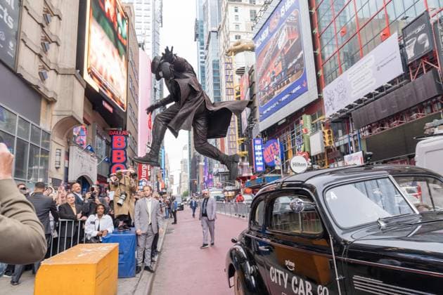 May 13, 2026, New York, New York, USA: A stunt performer dressed as Nicolas Cage s Spider Noir character arrives on top of old black taxi for world premiere of Amazon Prime Video s Spider Noir at Regal Times Square. New York USA - ZUMAr339 20260513_znp_r339_016 Copyright: xLevxRadinx