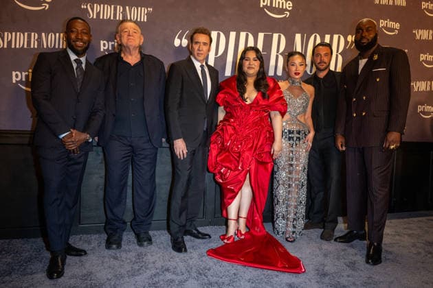 May 13, 2026, New York, United States: (L-R) Lamorne Morris, Brendan Gleeson, Nicolas Cage, Karen Rodriguez, Li Jun Li, Jack Huston and Abraham Popoola attend Prime Video s Spider-Noir world premiere at Regal Times Square on May 13, 2026 in New York City. New York United States - ZUMAs197 20260513_aaa_s197_669 Copyright: xRonxAdarx