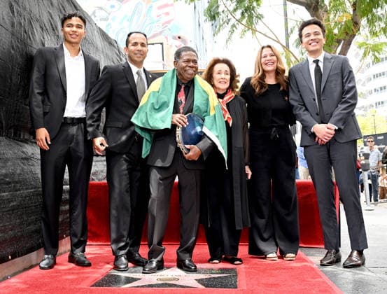 Brazilian Percusionist Paulinho Da Costa Honored With A Star On The Hollywood Walk Of Fame in California, USA - 13 MAY 2026. Son, Paulo Da Costa, honoree, Paulinho Da Costa, Arice Da Costa and family seen posing on The Star during the Walk of Fame star ceremony honoring in Hollywood. California United States Copyright: xAlbertxL.xOrtegax xSOPAxImagesx DSC_3445