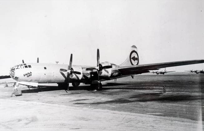 RECORD DATE NOT STATED Photograph of the Enola Gay plane Photograph of the Enola Gay plane, a Boeing B-29 Superfortress bomber, which was used to drop the first atomic bomb on Japan. Dated 20th Century Editorial use only. All other uses to be cleared with the copyright owner (World History Archive), in advance., WHA_097_0378.jpg, Enola Gay; Boeing B-29 Superfortress; bomber; atomic bomb; Japan; World War II; military aircraft; historical; warplane; Hiroshima; Nagasaki; 1940s; United States Air Force; nuclear weapon; history; aviation; military history; American history; Enola Gay plane; Hiroshima bombing; Nagasaki bombing; atomic bombing; 20th century; wartime; aircraft; military technology; strategic bombing; Pearl Harbor; Pacific theater; Copyright: xWorldxHistoryxArchivex