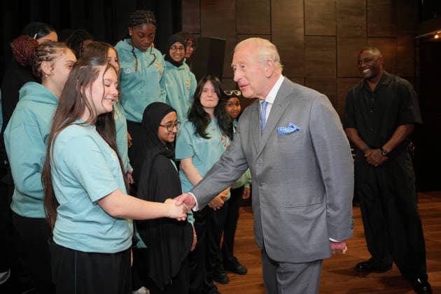 Britain Royals Britain s King Charles III sahkes hands as he arrives to join English actor Idris Elba in meeting students taking part in workshops organised by National Youth Music Theatre (NYMT) at The Other Palace in London, Thursday, May 14, 2026., Credit:Avalon.red PA ROTA - B68 Avalon GBR, London  Copyright: xAvalon.redx xPAxROTAx-xB68x xAvalonx 1098913399