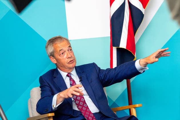 Nigel Farage 13.05.2026. The Sun’s Harry Cole interviews Reform leader Nigel Farage, after the collapse of Keir Starmer’s Labour vote in the Council Elections.  Copyright: xRayxCollins.x NINTCHDBPICT001080400452