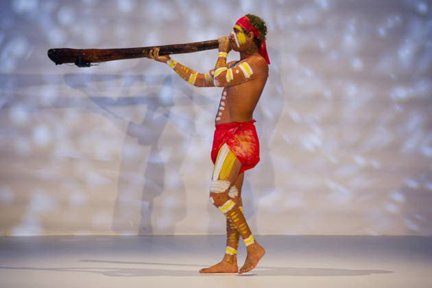 Australian Fashion Week 2026 - Runway - Ngali Jahmarley Dawson plays the didgeridoo during the Ngali Wander with Wonder Runway show at Australian Fashion Week 2026 at Museum of Contemporary Art on May 15, 2026 in Sydney, Australia., Credit:IOIO IMAGES IOIO Avalon Australia, New South Wales, Sydney, Museum of Contemporary Art  Copyright: xIOIOxIMAGESx xIOIOx xAvalonx 1099145405