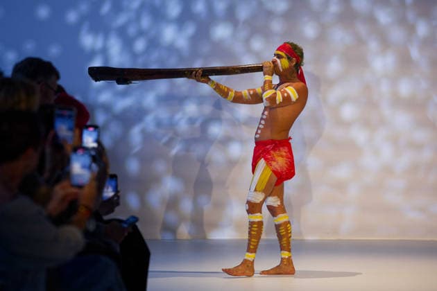 Australian Fashion Week 2026 - Runway - Ngali Jahmarley Dawson plays the didgeridoo during the Ngali Wander with Wonder Runway show at Australian Fashion Week 2026 at Museum of Contemporary Art on May 15, 2026 in Sydney, Australia., Credit:IOIO IMAGES IOIO Avalon Australia, New South Wales, Sydney, Museum of Contemporary Art  Copyright: xIOIOxIMAGESx xIOIOx xAvalonx 1099145419