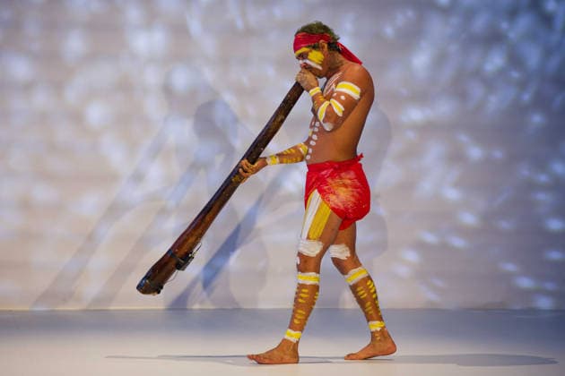 Australian Fashion Week 2026 - Runway - Ngali Jahmarley Dawson plays the didgeridoo during the Ngali Wander with Wonder Runway show at Australian Fashion Week 2026 at Museum of Contemporary Art on May 15, 2026 in Sydney, Australia., Credit:IOIO IMAGES IOIO Avalon Australia, New South Wales, Sydney, Museum of Contemporary Art  Copyright: xIOIOxIMAGESx xIOIOx xAvalonx 1099145446