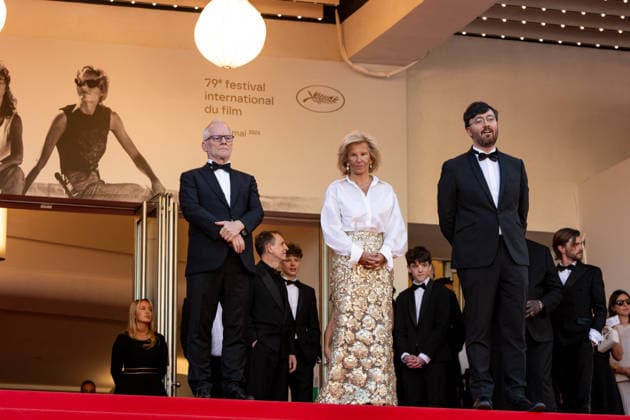 Cannes - Karma Red Carpet AAR L-R : Thierry Fremaux, Iris Knobloch and Gaetan Bruel seen at the red carpet with his parents for the movie ‘Karma’, as part of the 79th Cannes Film Festival in Cannes, France, on May 15, 2026. Photo by Ammar Abd Rabbo ABACAPRESS.COM Cannes France  Copyright: xAbdxRabboxAmmar ABACAx