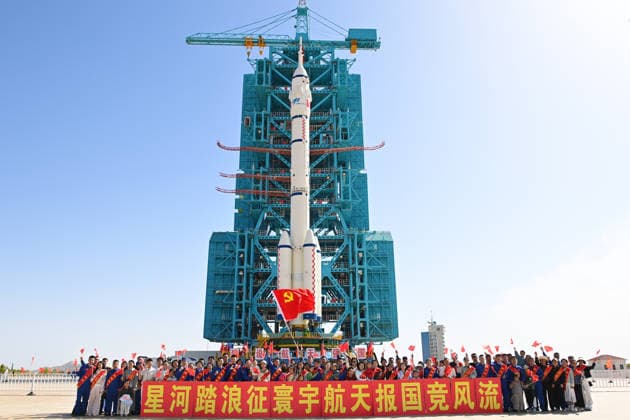 (260516) -- JIUQUAN, May 16, 2026 -- This photo taken on May 16, 2026 shows the combination of the Shenzhou-23 crewed spaceship and a Long March-2F carrier rocket transferred to the launching area. The Shenzhou-23 crewed spaceship will be launched at an appropriate time in the near future, the China Manned Space Agency (CMSA) said on Saturday. The combination of the spaceship and a Long March-2F carrier rocket has been transferred to the launching area, according to the CMSA. All facilities and equipment at the launch site are in good condition. Various pre-launch function checks and joint tests will be carried out as planned. (Photo by Xinhua) (EyesOnSci) CHINA-SHENZHOU-23-LAUNCH PREPARATION (CN) WangxJiangbo 