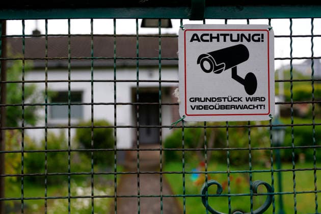 Düsseldorf, Germany, 13 05 2026 Sign for video surveillance of a plot of land in the Buschermühle allotment garden site in Düsseldorf Mörsenbroich