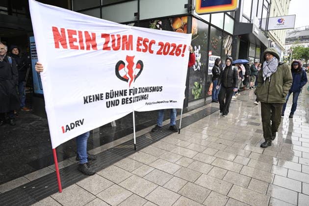 VIENNA, AUSTRIA 20260516 Palestinian demonstration at Christian Broda Platz against Israel s participation in the 70th edition of the Eurovision Song Contest ESC in Vienna, Austria, Saturday, May 16, 2026 VIENNA AUSTRIA x10070x  Copyright: xJessicaxGow TTx EUROVISION 2026 DEMONSTRATION lFyOfflW4IU