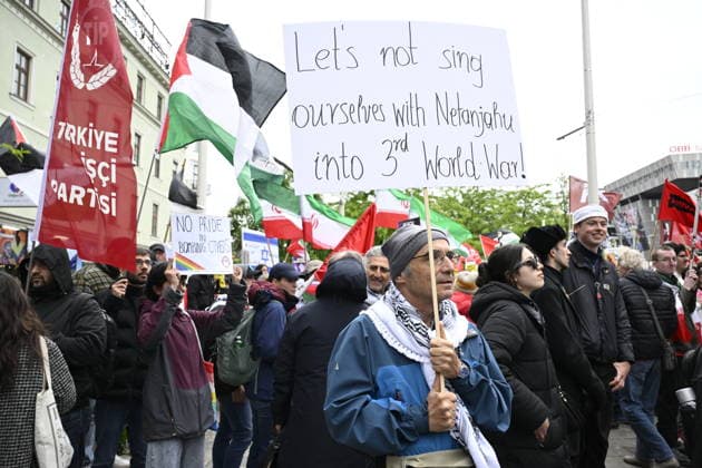VIENNA, AUSTRIA 20260516 Palestinian demonstration at Christian Broda Platz against Israel s participation in the 70th edition of the Eurovision Song Contest ESC in Vienna, Austria, Saturday, May 16, 2026 VIENNA AUSTRIA x10070x  Copyright: xJessicaxGow TTx EUROVISION 2026 DEMONSTRATION hl5Syv34QtM