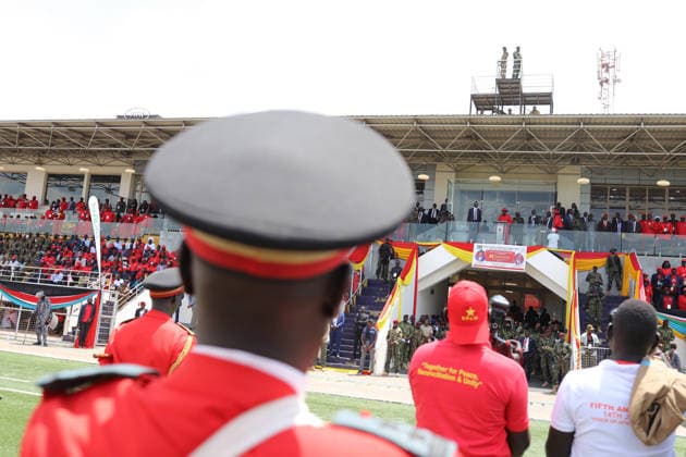 May 16, 2026, Juba, Ces Juba, South Sudan: Salva Kiir Mayardit addresses thousands of SPLM supporters during the 43rd anniversary celebration of the SPLM SPLA at Juba National Stadium Juba South Sudan  - ZUMAb132 20260516_zip_b132_001 Copyright: xSamirxBolx