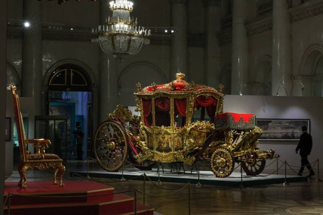 RUSSIA, ST PETERSBURG - MAY 18, 2026: The throne and the Grand Coronation Carriage of Empress Catherine I are on display at an exhibition honouring Empress Catherine I of Russia at the State Hermitage Museum. Peter Kovalev TASS  92683751