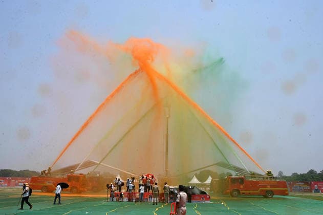 PATNA, INDIA - MAY 18: Bihar Fire Service personnel create waterjet tricolor at Gandhi Maidan on May 18, 2026 in Patna, India. The simulated drill immediately followed a major flag-off ceremony led by Chief Minister Samrat Choudhary, who officially inducted a fleet of advanced, technologically equipped firefighting vehicles and inaugurated a state-of-the-art, AI-based modern fire control room.(Photo by Santosh Kumar Hindustan Times) Bihar Chief Minister Samrat Chaudhary Flags Off Fire Department Vehicles