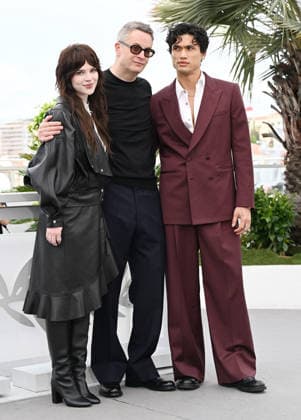 Danish director Nicolas Winding Refn, American actress Sophie Thatcher and actor Charles Melton attend a photo call for Her Private Hell at the 79th Cannes Film Festival in Cannes, France on Tuesday, May 19, 2026.  CAN20260519123 RUNExHELLESTAD