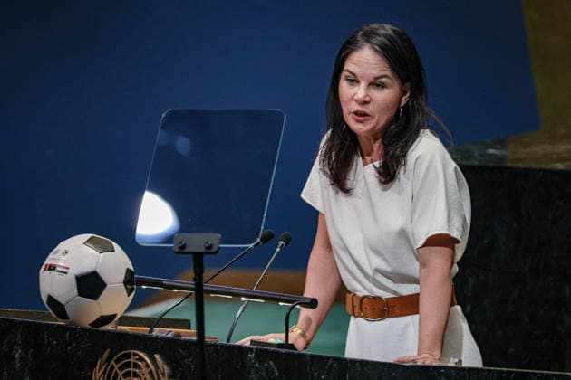 May 19, 2026, New York, New York, USA: ANNALENA BAERBOCK, President of the United Nations General Assembly, speaks at the podium during an event marking World Football Day in the General Assembly Hall at UNHQ, focused on refugees and soccer. New York USA  - ZUMAo116 20260519_znp_o116_034 Copyright: xBiancaxOterox
