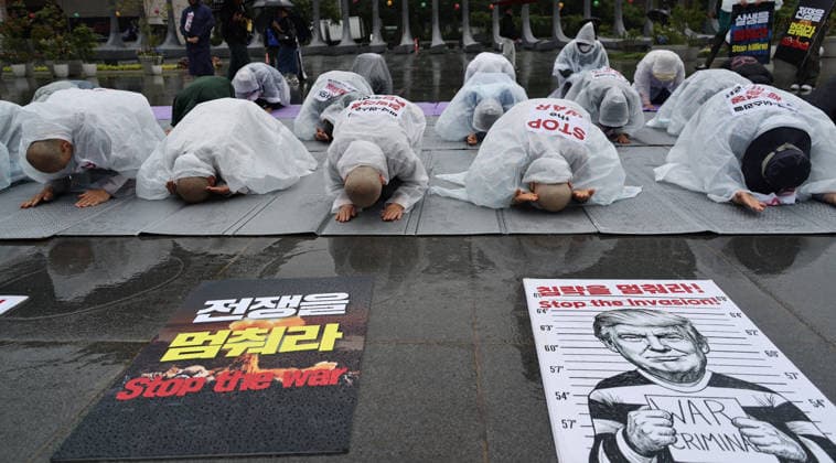 Buddhist monks, activists call for peace in the Middle East Monks of the Jogye Order and peace activists perform 108 prostrations in front of the US Embassy in Seoul, South Korea, on May 20, 2026. The demonstrators utilized the traditional Buddhist ritual to pray for an immediate end to the conflict in the Middle East and to advocate for global peace. Seoul South Korea  Copyright: xMatrixxImagesx xLeexSang-hoonx