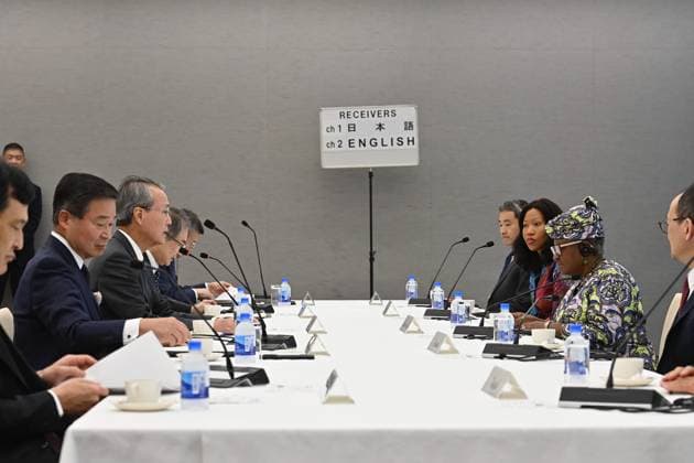 WTO Leader Hold Meetings in Tokyo TOKYO, JAPAN - MAY 20: World Trade Organization Director-General Ngozi Okonjo-Iweala (2nd R) attends a meeting with Japan Business Federation, Keidanren, Chairman Yoshinobu Tsutsui (3rd L) and Japanese business leaders at Keidanren Kaikan in Tokyo, Japan, on May 20, 2026. Keidanren hosted the meeting as part of its follow-up on WTO reform proposals, amid growing concerns over protectionism, trade restrictions and pressure on the rules-based international economic order. David Mareuil Anadolu Tokyo Japan. Editorial use only. Please get in touch for any other usage.  Copyright: x2026xAnadoluxDavidxMareuilx
